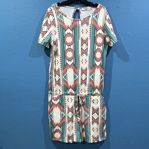 Crazy Train Aztec Southwest Design Romper Elastic Tie Waist Pockets Women Large - Picture 1 of 16